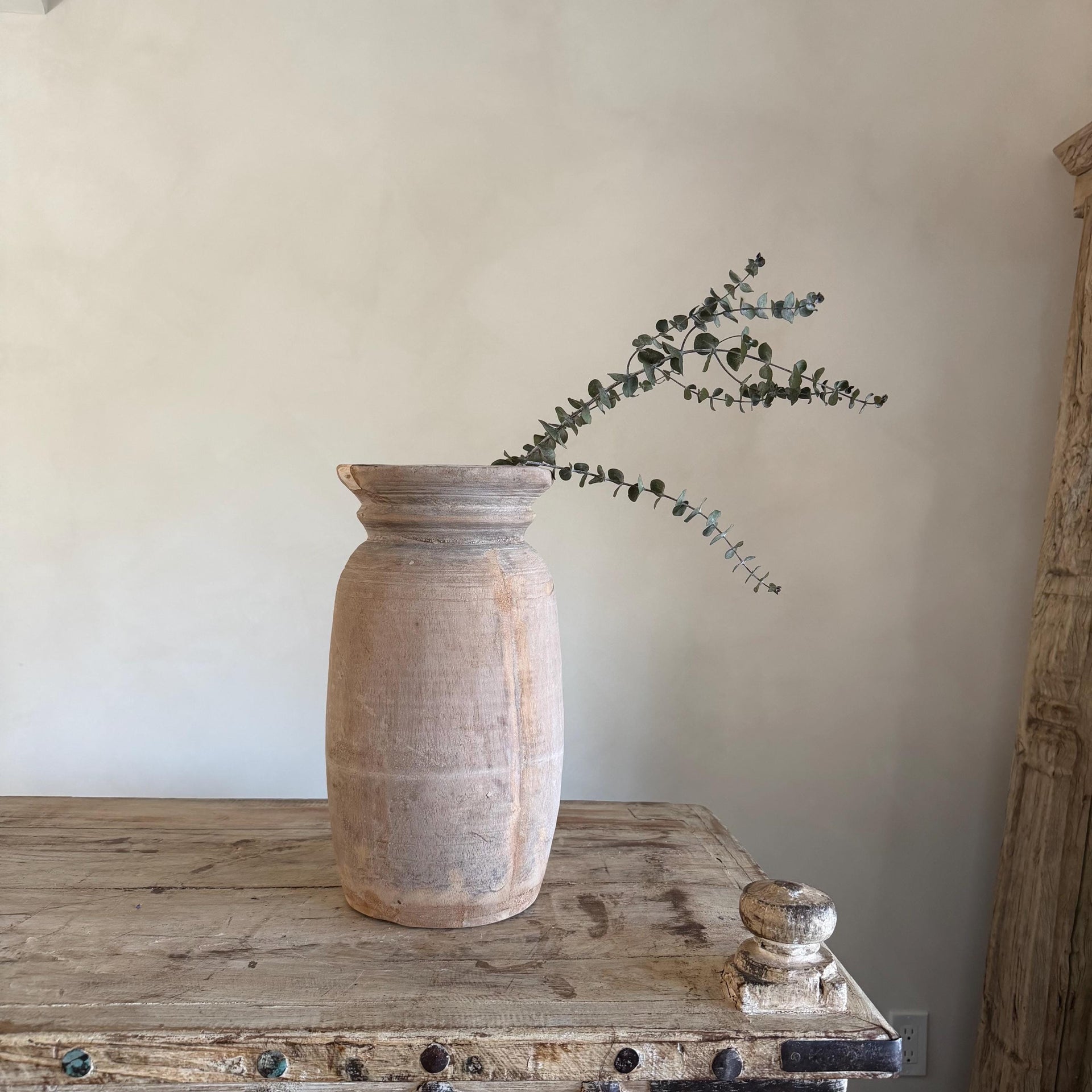 Extra Large Antique Teak Wood Vase 13.5" | Vintage Bleached Vessel | Hand Carved Wabi Sabi Jar