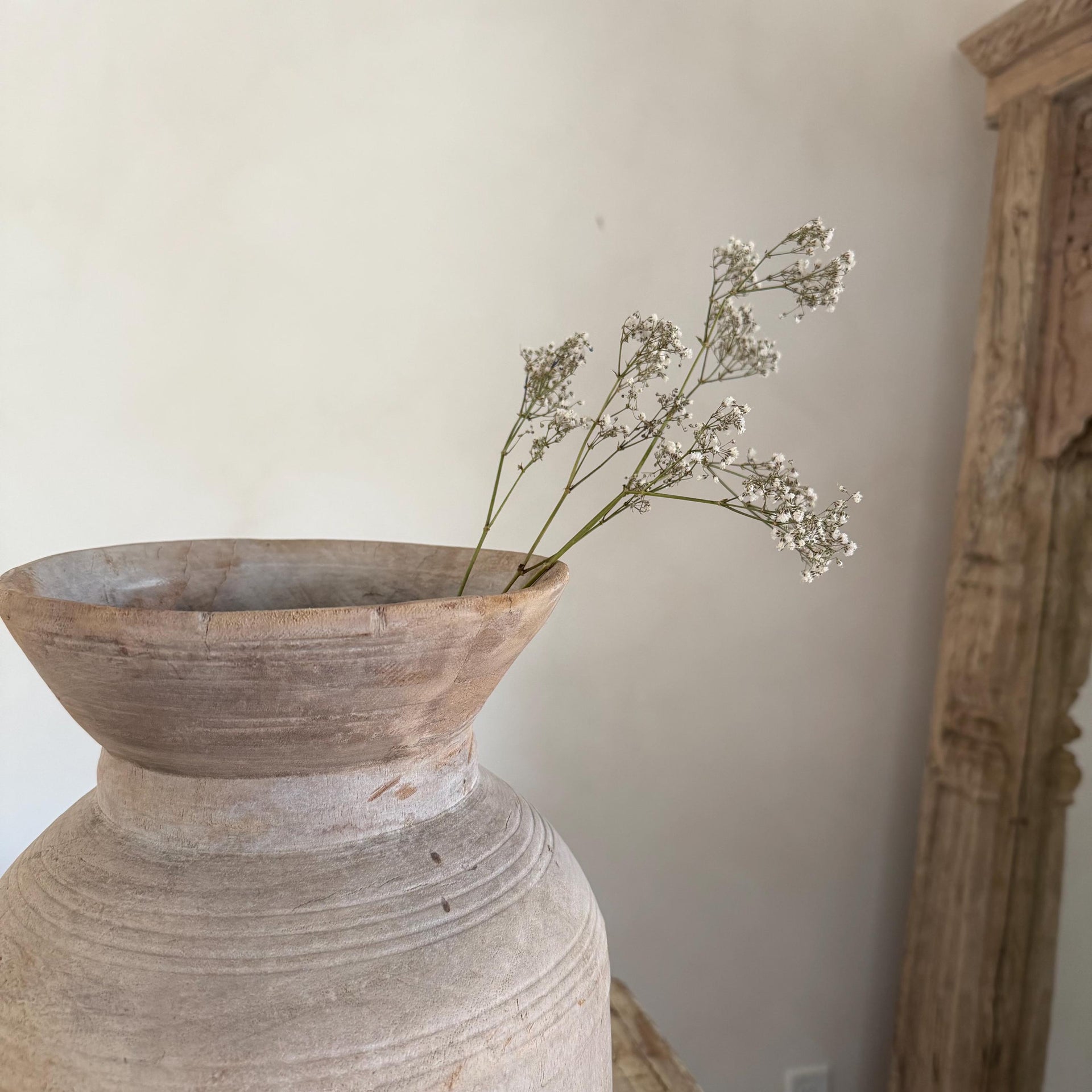 Extra Large Antique Teak Wood Vase 14" | Vintage Bleached Vessel | Hand Carved Wabi Sabi Jar