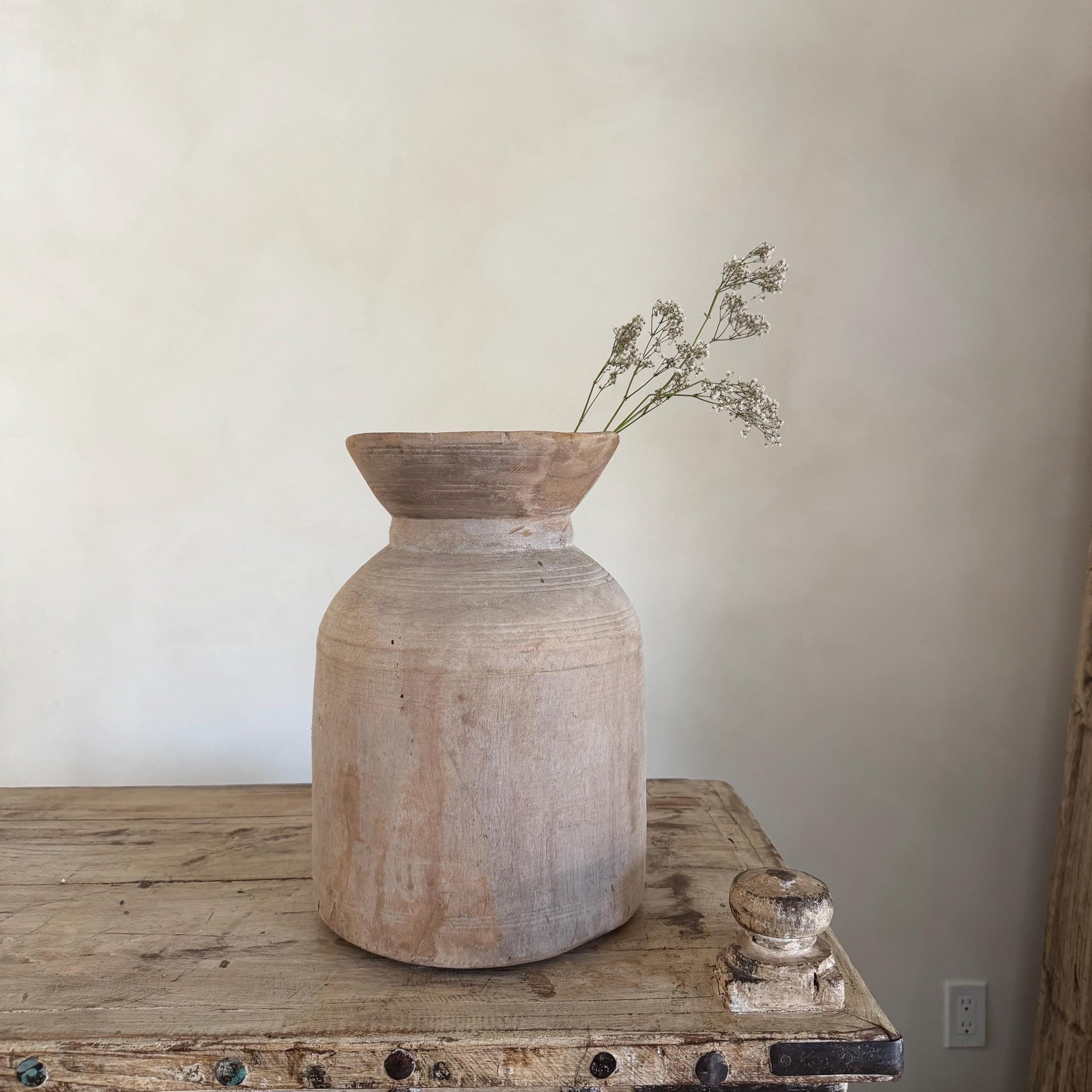 Extra Large Antique Teak Wood Vase 14" | Vintage Bleached Vessel | Hand Carved Wabi Sabi Jar