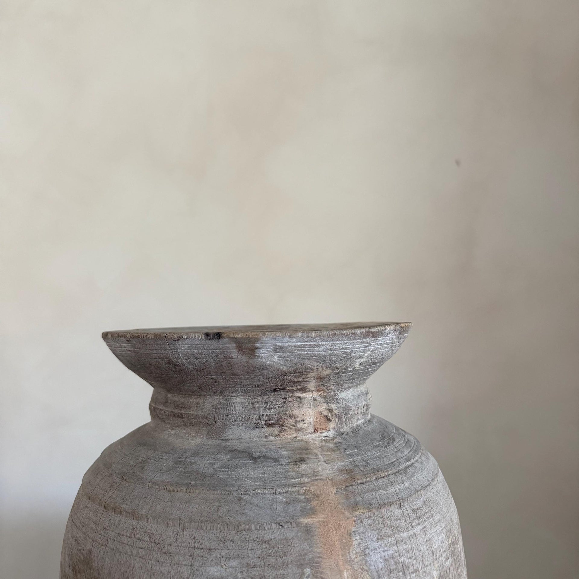 Extra Large Antique Teak Wood Vase 13.5" | Vintage Bleached Vessel | Hand Carved Wabi Sabi Jar - Project Kalaā