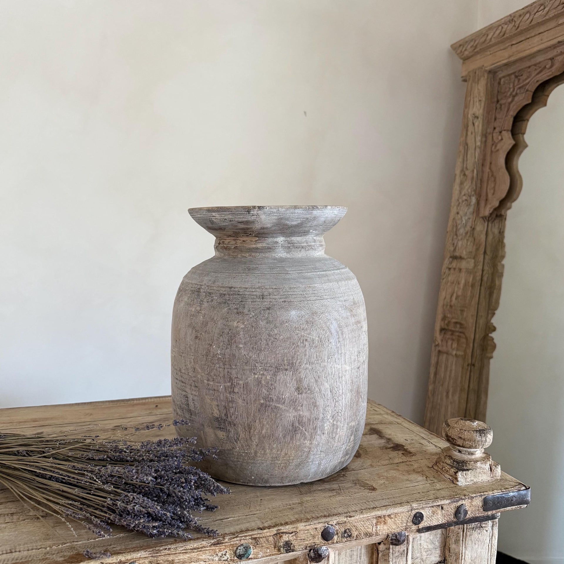 Extra Large Antique Teak Wood Vase 13.5" | Vintage Bleached Vessel | Hand Carved Wabi Sabi Jar