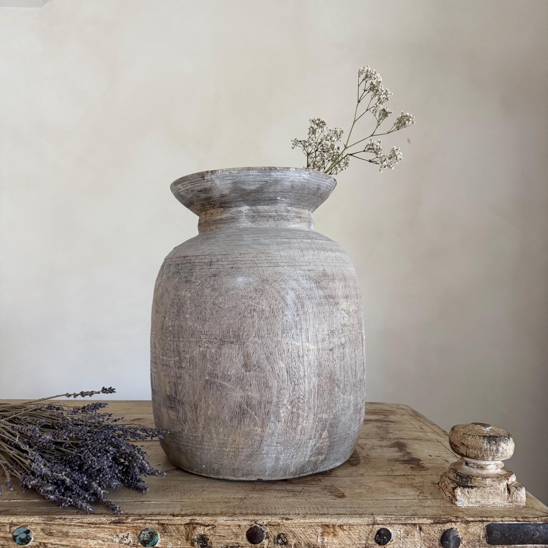 Extra Large Antique Teak Wood Vase 13.5" | Vintage Bleached Vessel | Hand Carved Wabi Sabi Jar