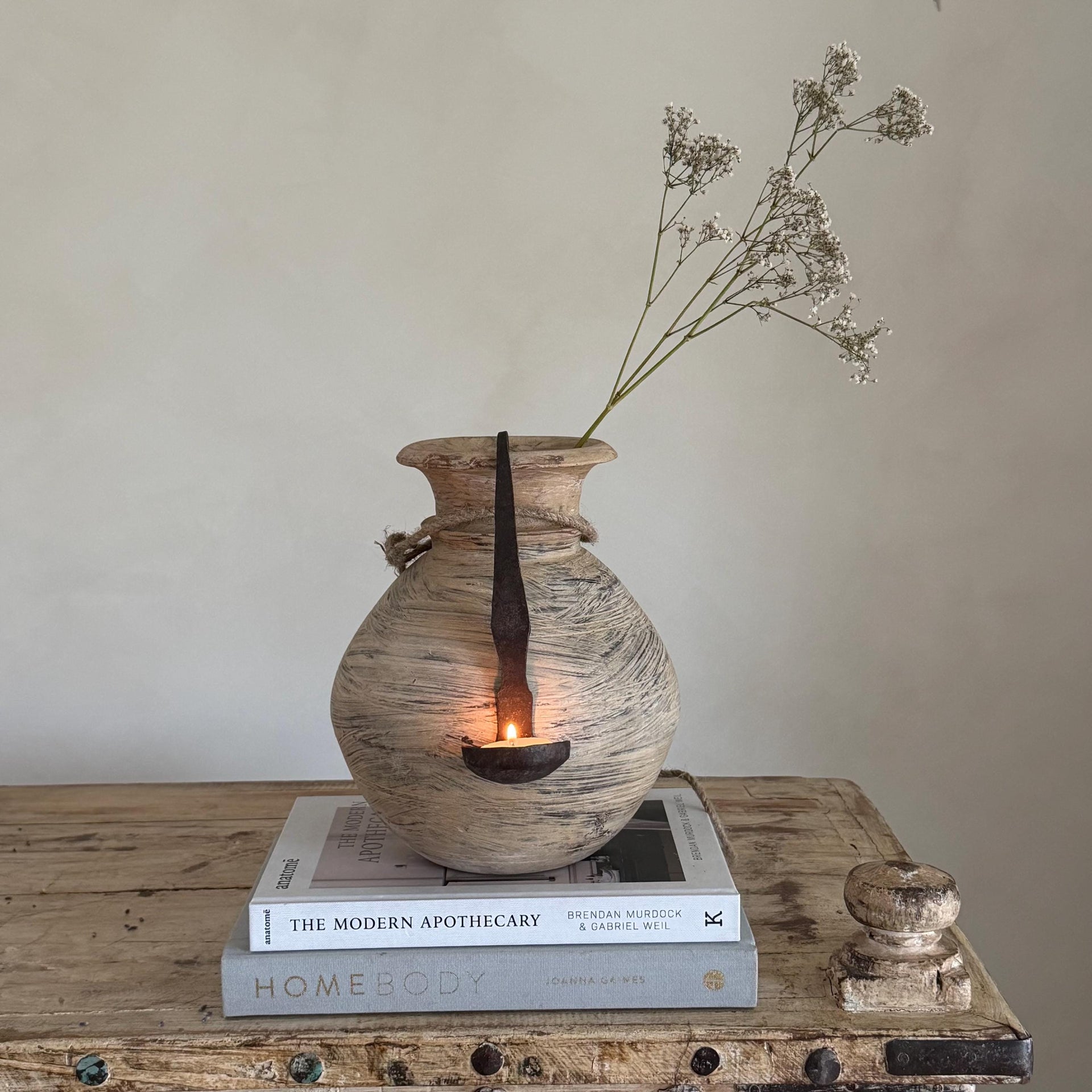 Vintage Wooden Matka Water Pot with Iron Tealight Spoon | Rustic Whitewashed Vase | Organic Wabi Sabi Decor