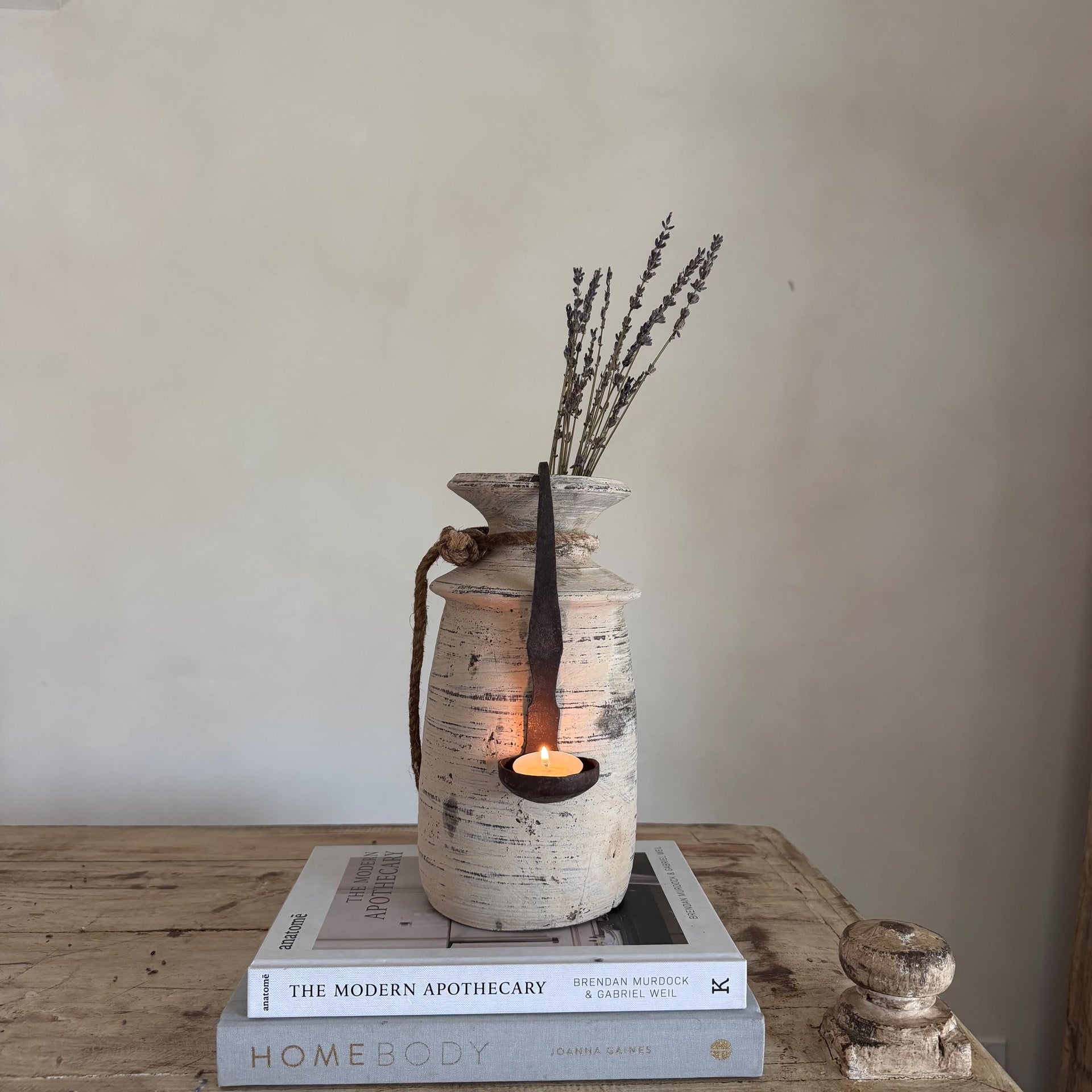 Vintage Wooden Jug Water Pot with Iron Tealight Spoon | Rustic Whitewashed Vase | Organic Wabi Sabi Decor