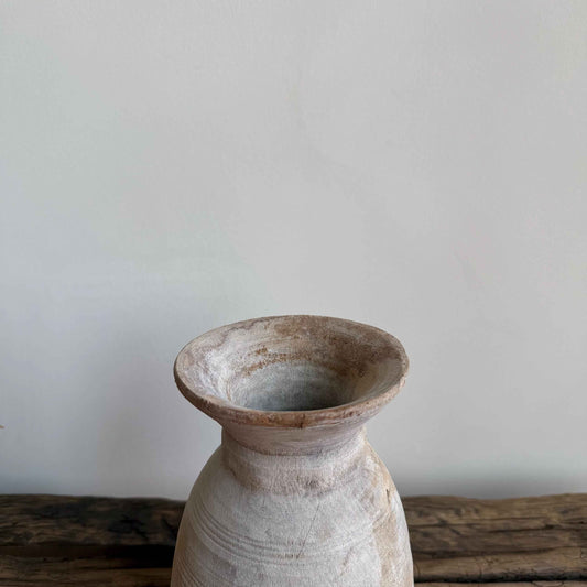 Antique Teak Wooden Vase | Vintage Beige Jug Pot | Rustic Wooden Vessel