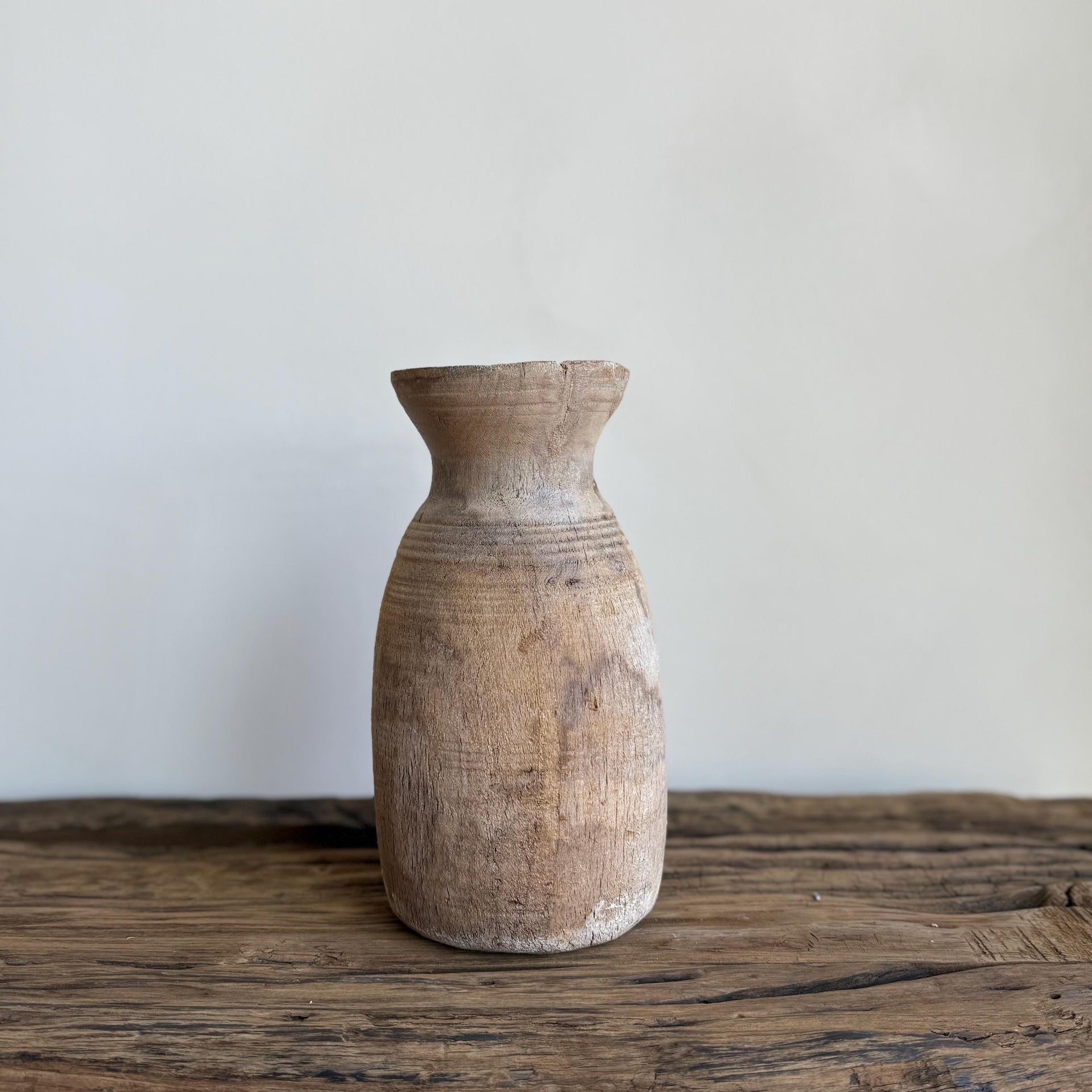 Antique Teak Wooden Vase | Vintage Beige Jug Pot | Rustic Wooden Vessel