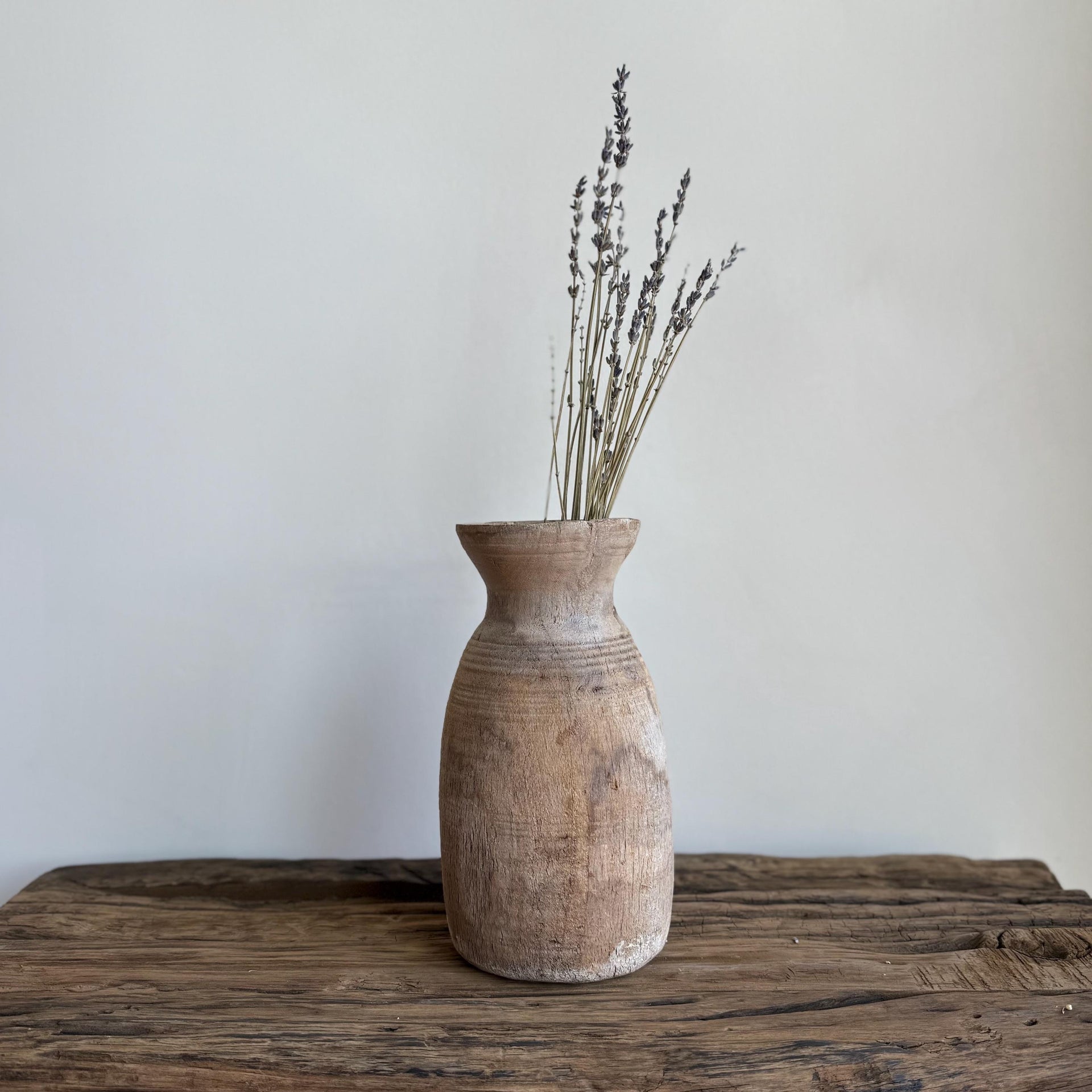 Antique Teak Wooden Vase | Vintage Beige Jug Pot | Rustic Wooden Vessel