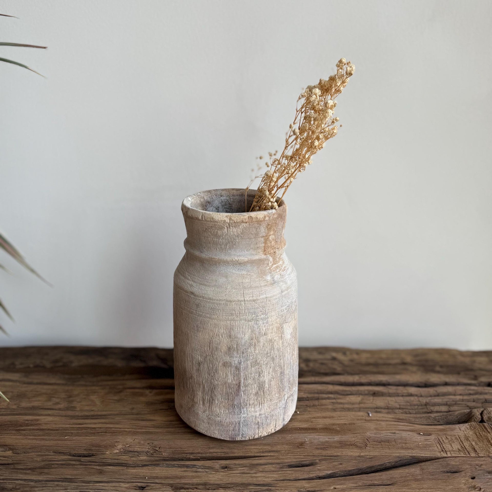 Antique Teak Wooden Vase | Vintage Beige Jug Pot | Rustic Wooden Vessel