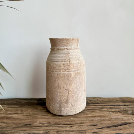Antique Teak Wooden Vase | Vintage Beige Jug Pot | Rustic Wooden Vessel - Project Kalaā