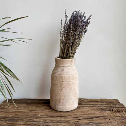 Antique Teak Wooden Vase | Vintage Beige Jug Pot | Rustic Wooden Vessel - Project Kalaā