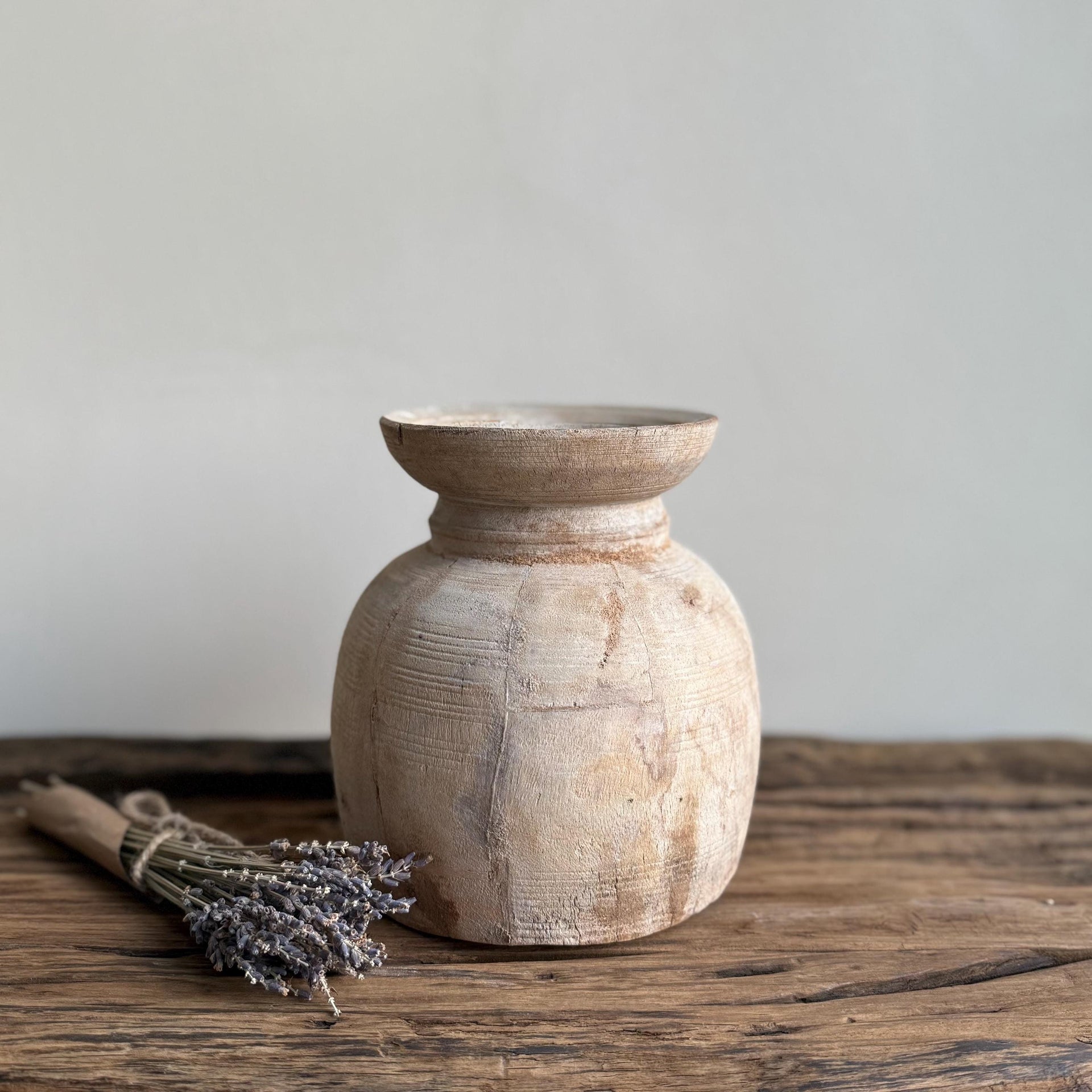 Antique Teak Wooden Vase | Vintage Beige Jug Pot | Rustic Wooden Vessel