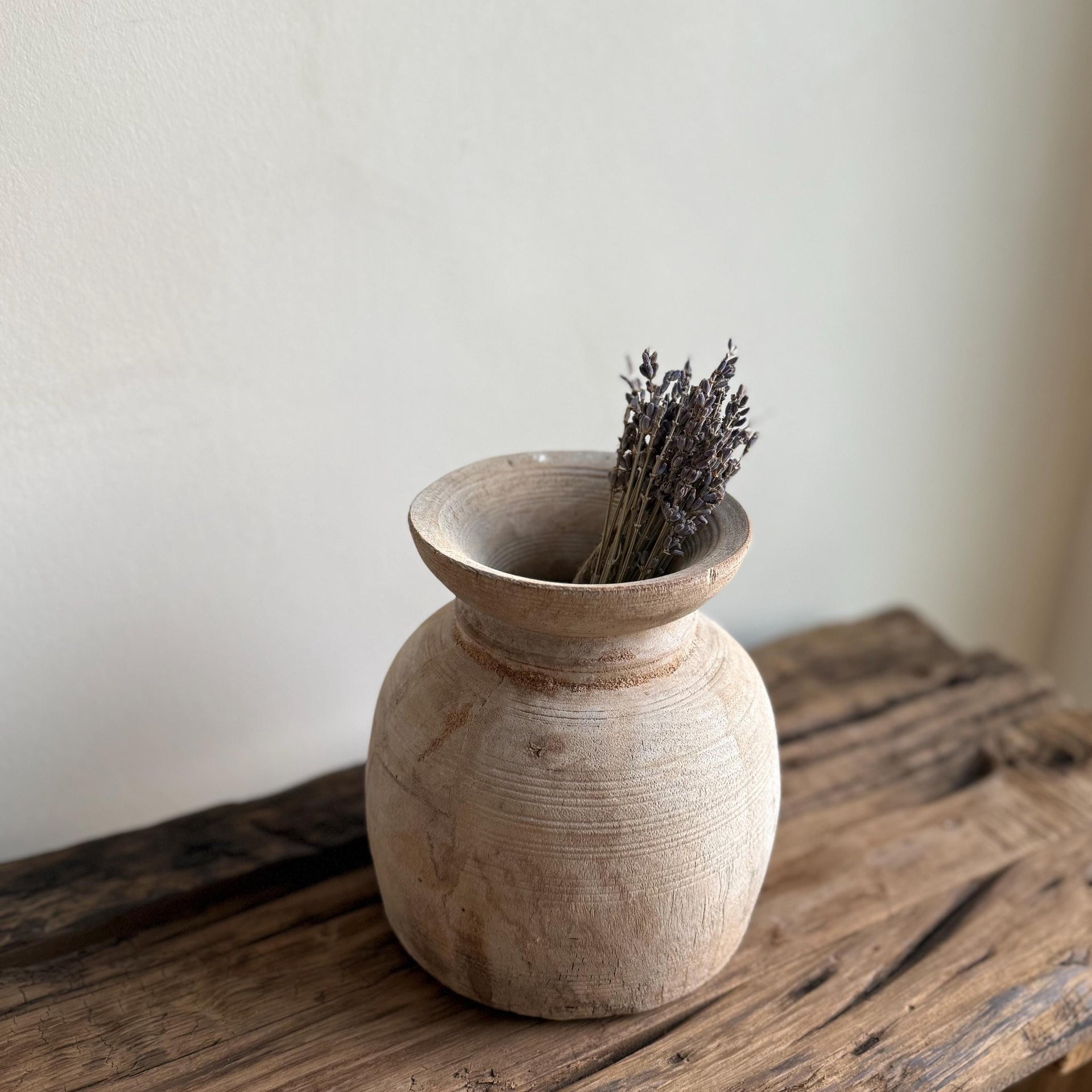 Antique Teak Wooden Vase | Vintage Beige Jug Pot | Rustic Wooden Vessel