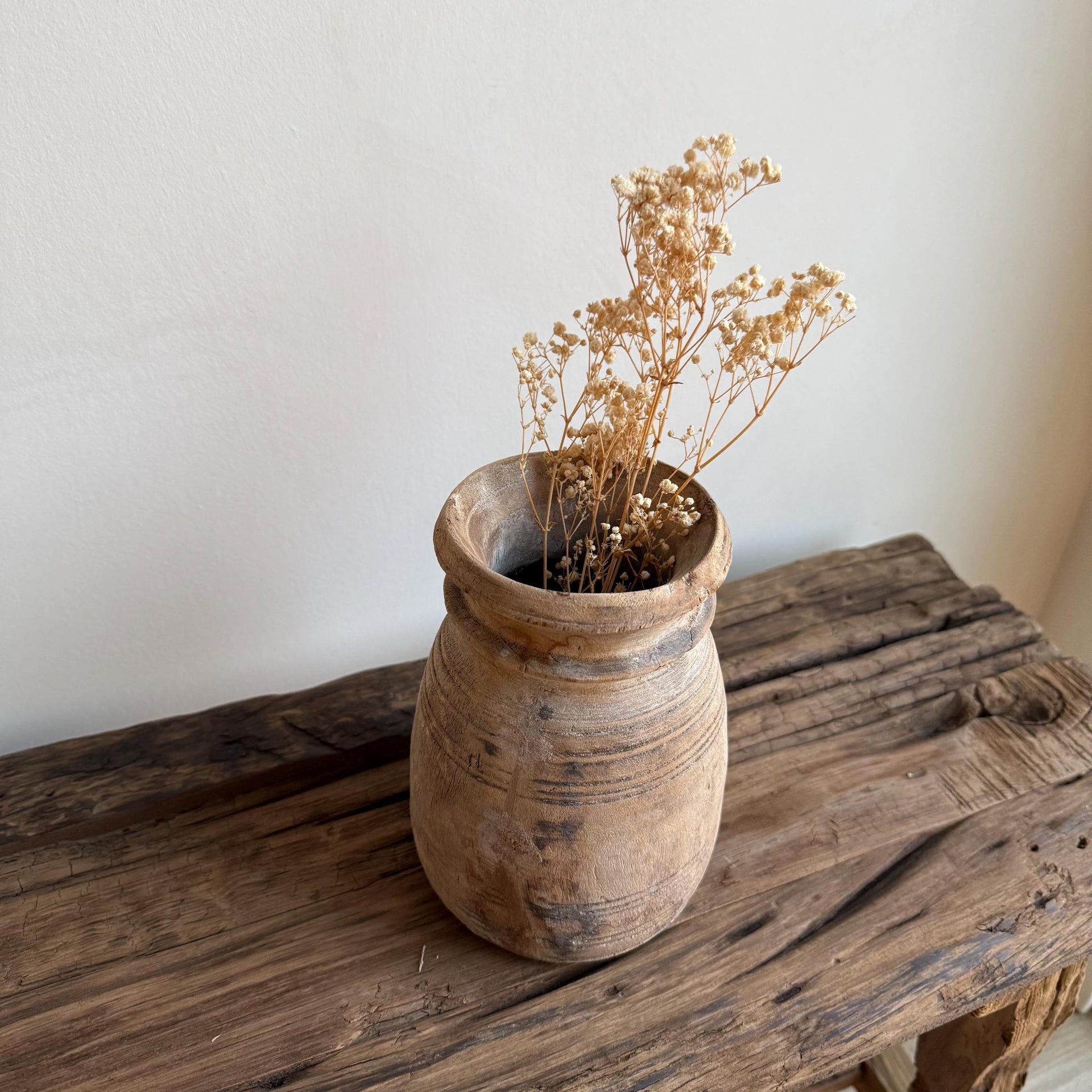 Antique Teak Wooden Vase | Vintage Beige Jug Pot | Rustic Wooden Vessel