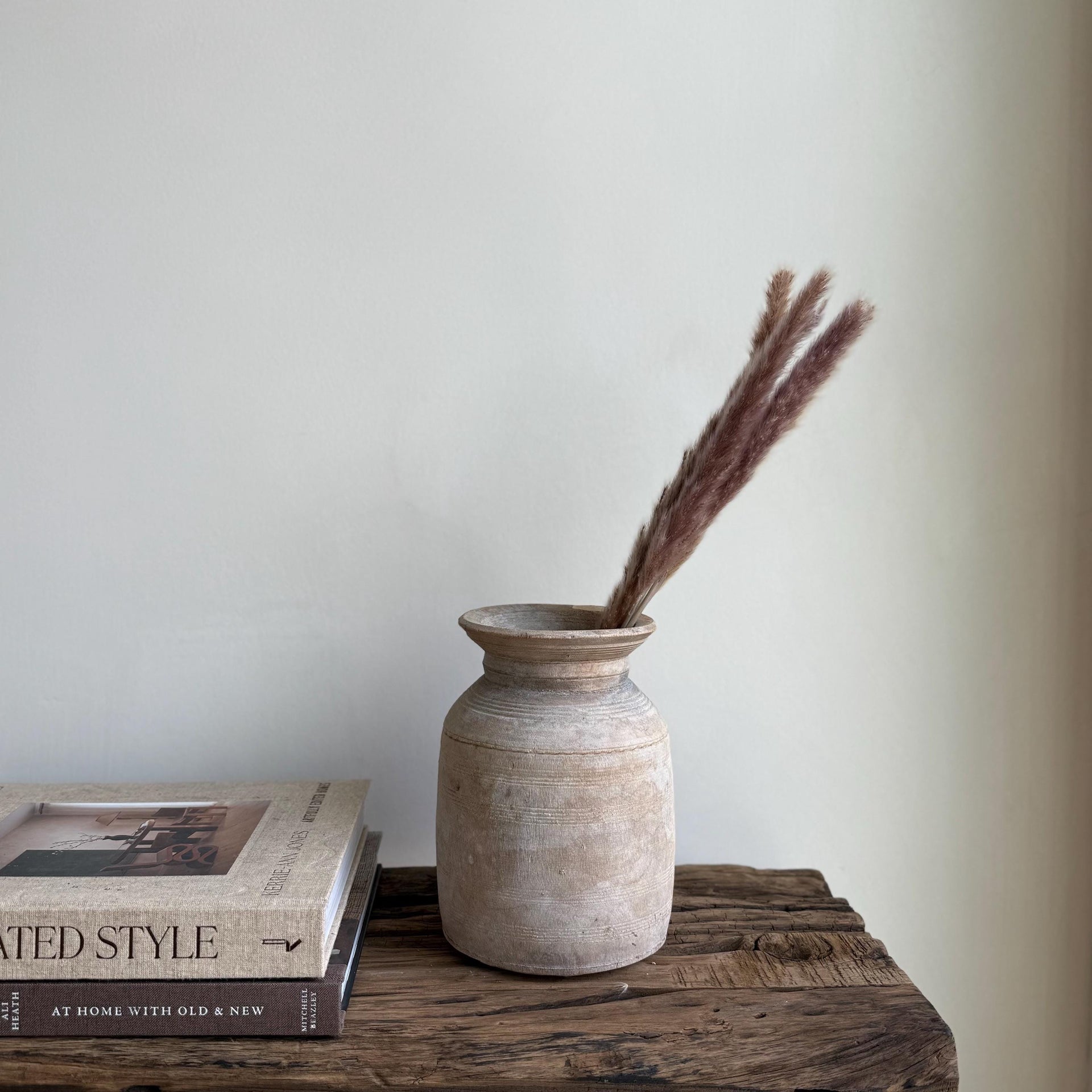 Antique Teak Wooden Vase | Vintage Beige Jug Pot | Rustic Wooden Vessel