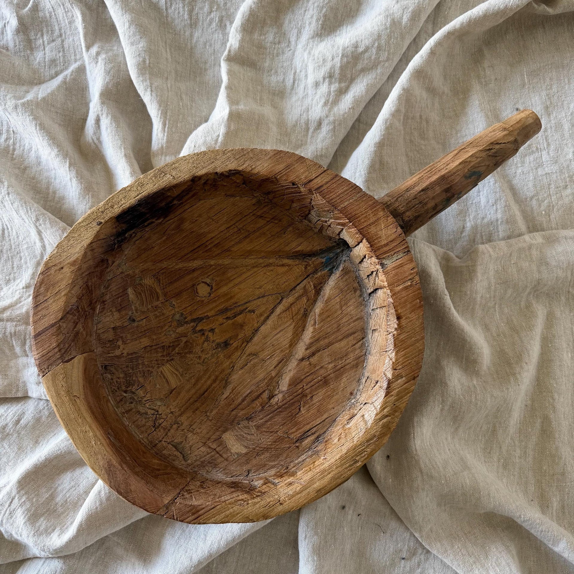 Vintage Hand Carved Teak Wood Dough Bowl with Handle | Rustic Parat Tray 19"