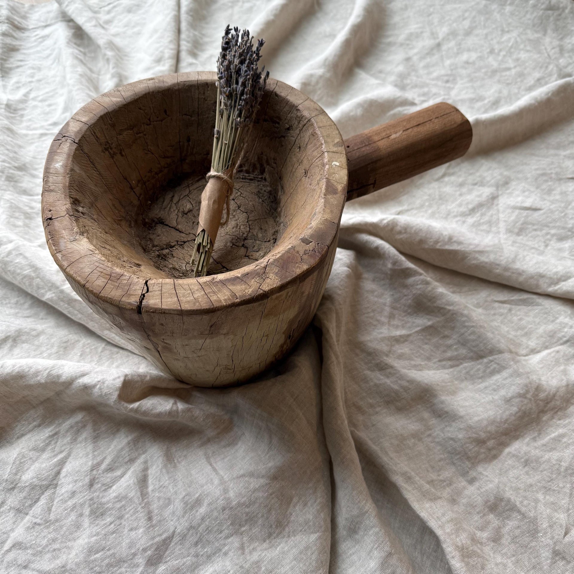 Antique Hand Carved Wooden Mortar | Vintage Rustic Grinder Bowl with Handle 14"