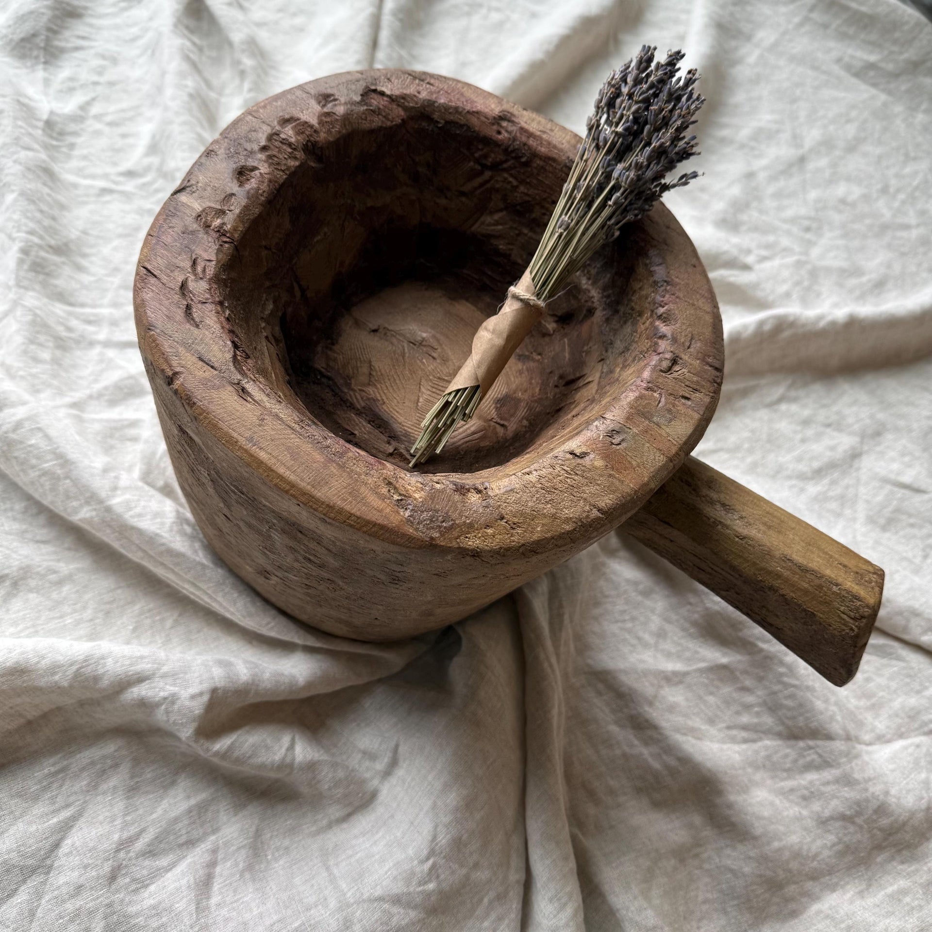 Antique Hand Carved Wooden Mortar | Vintage Rustic Grinder Bowl with Handle 12.5"