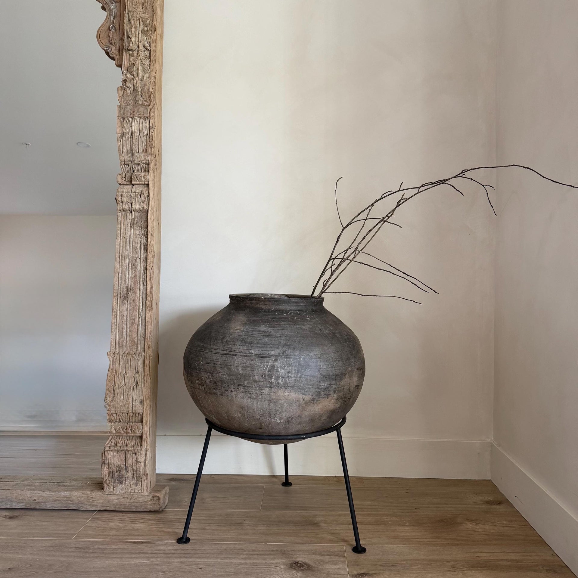 XL Vintage Clay Pot with Stand, Rustic 18" Floor Vase, Oversized Antique Plant Vessel, Handmade Earthenware Planter