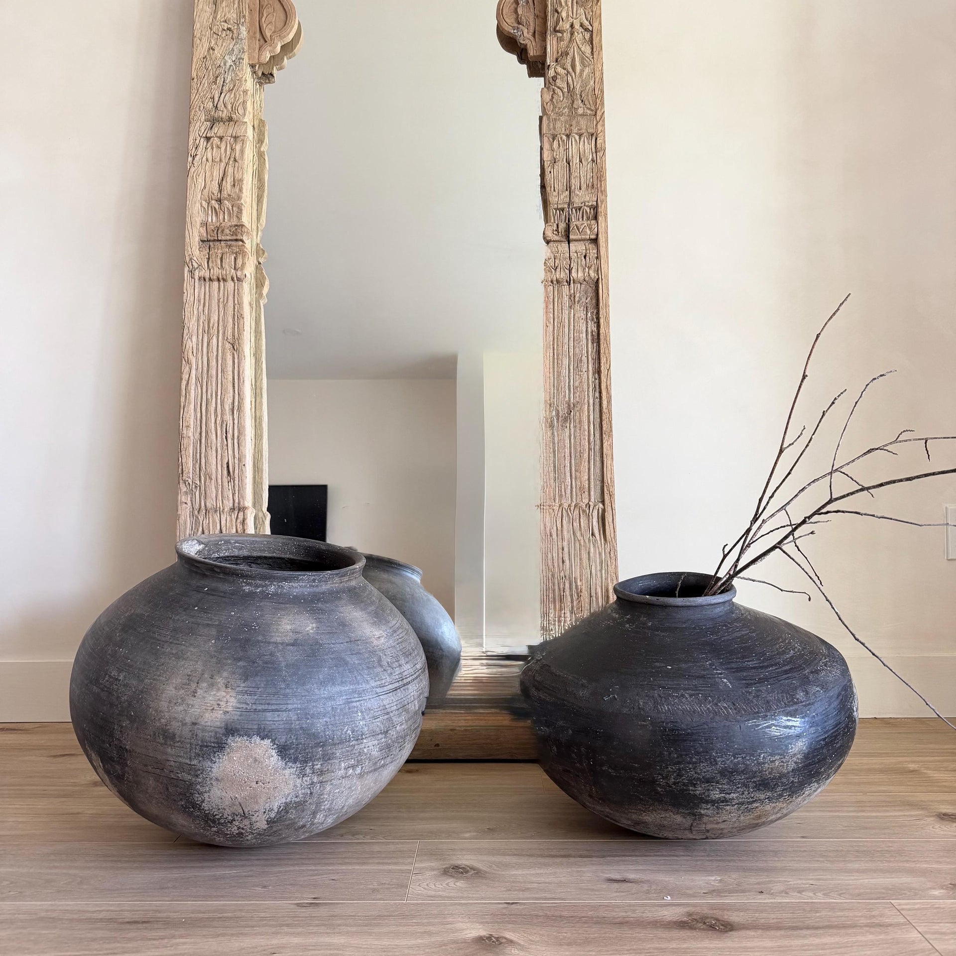 XL Vintage Clay Pot with Stand, Rustic 18" Floor Vase, Oversized Antique Plant Vessel, Handmade Earthenware Planter