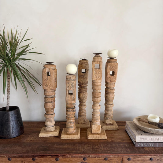 Vintage Carved Teak Wood Tall Candle Stick Holder - Project Kalaā