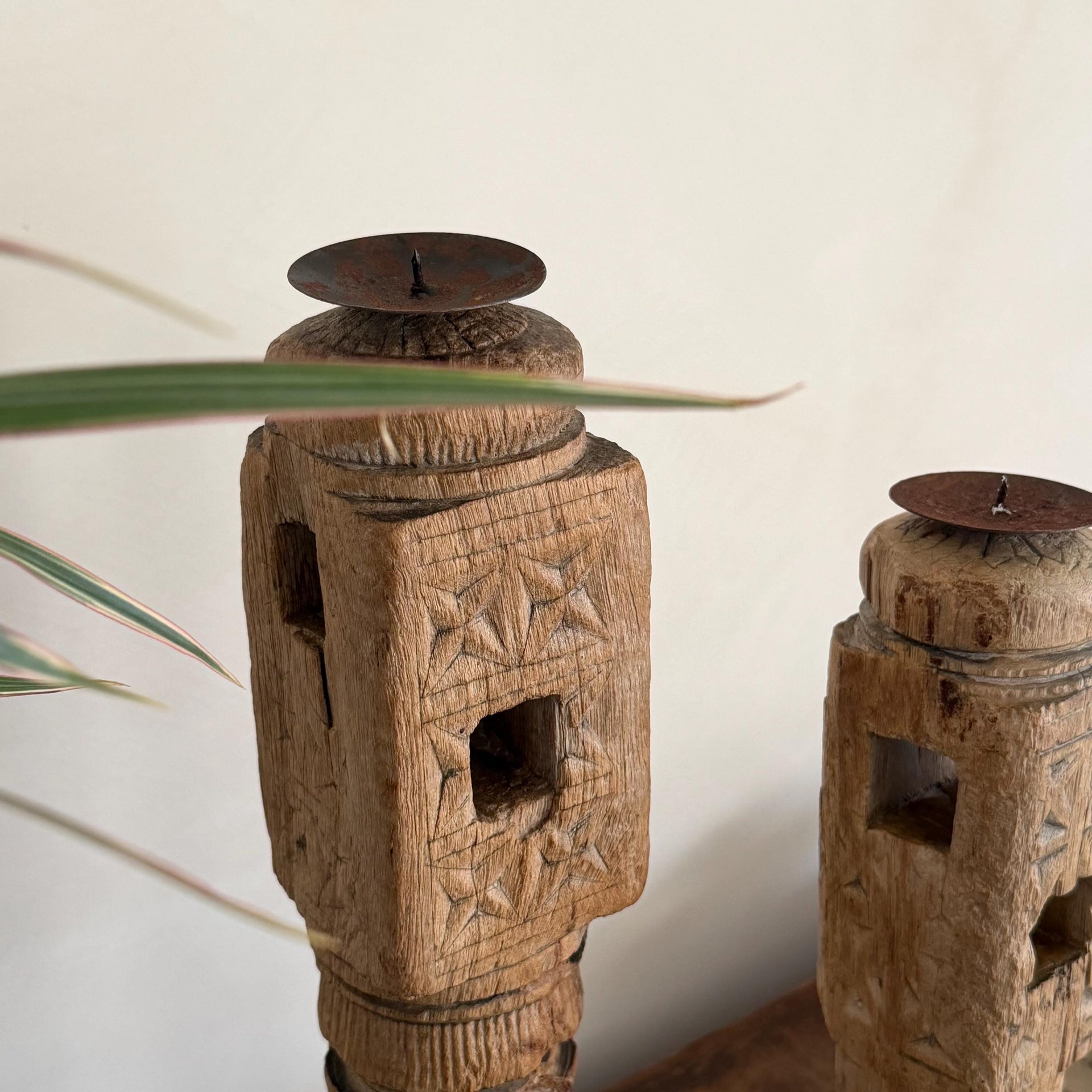 Vintage Carved Teak Wood 21" Candle Stick Holder | Wabi Sabi Wooden Decor