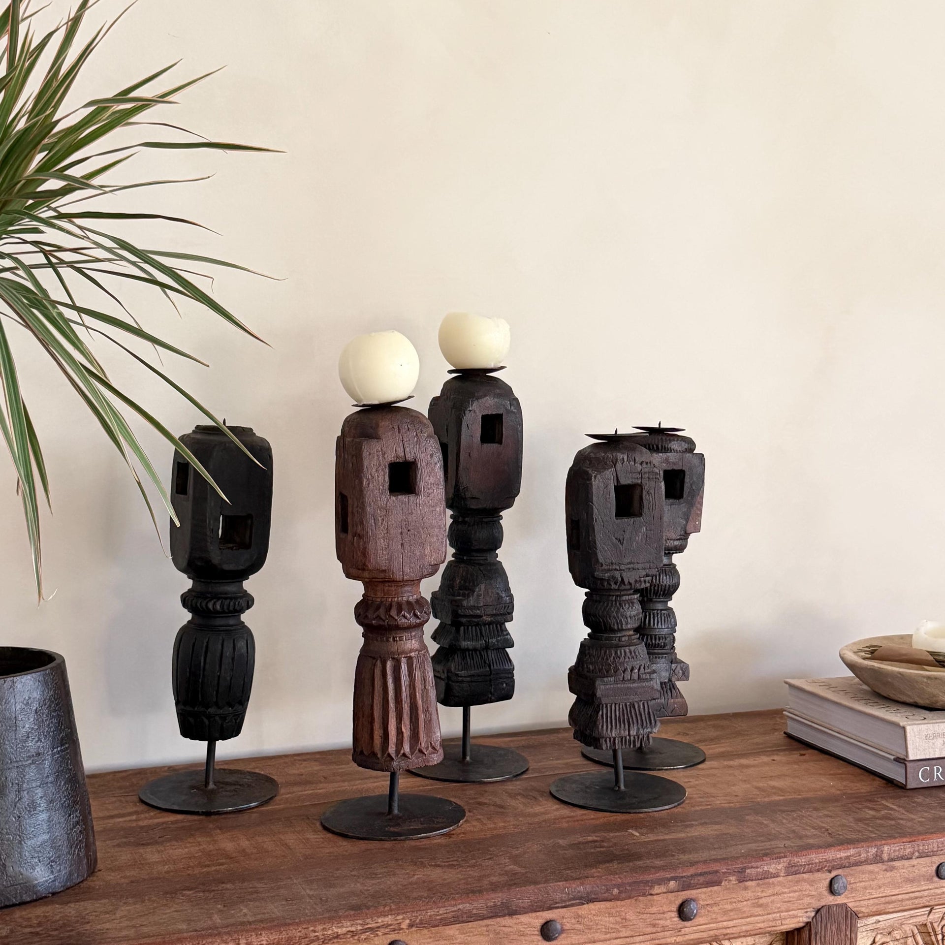 Vintage Carved Teak Dark Wood 17" Candle Stick Holder | Wabi Sabi Wooden Decor