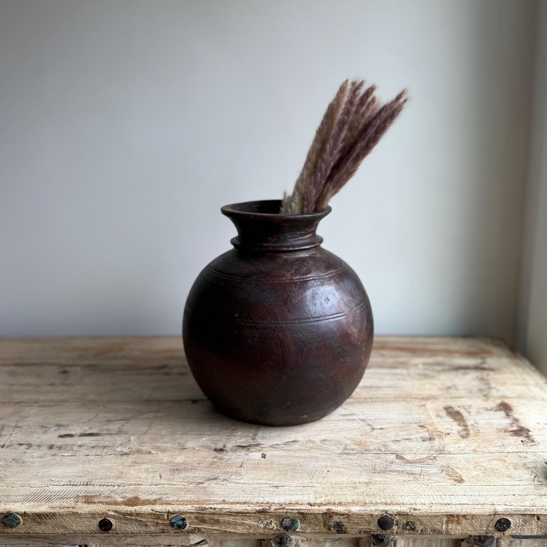Vintage Wooden 10" Water Pot,  Hand Carved Wood Vase, Rustic Antique Planter ,Wabi Sabi Vessel