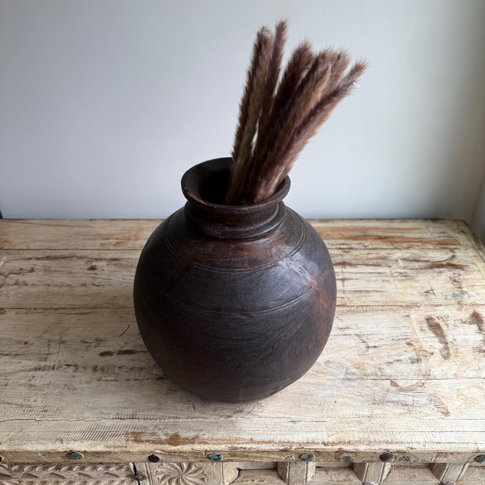 Vintage Wooden 11" Water Pot,  Hand Carved Wood Vase, Rustic Antique Planter ,Wabi Sabi Vessel