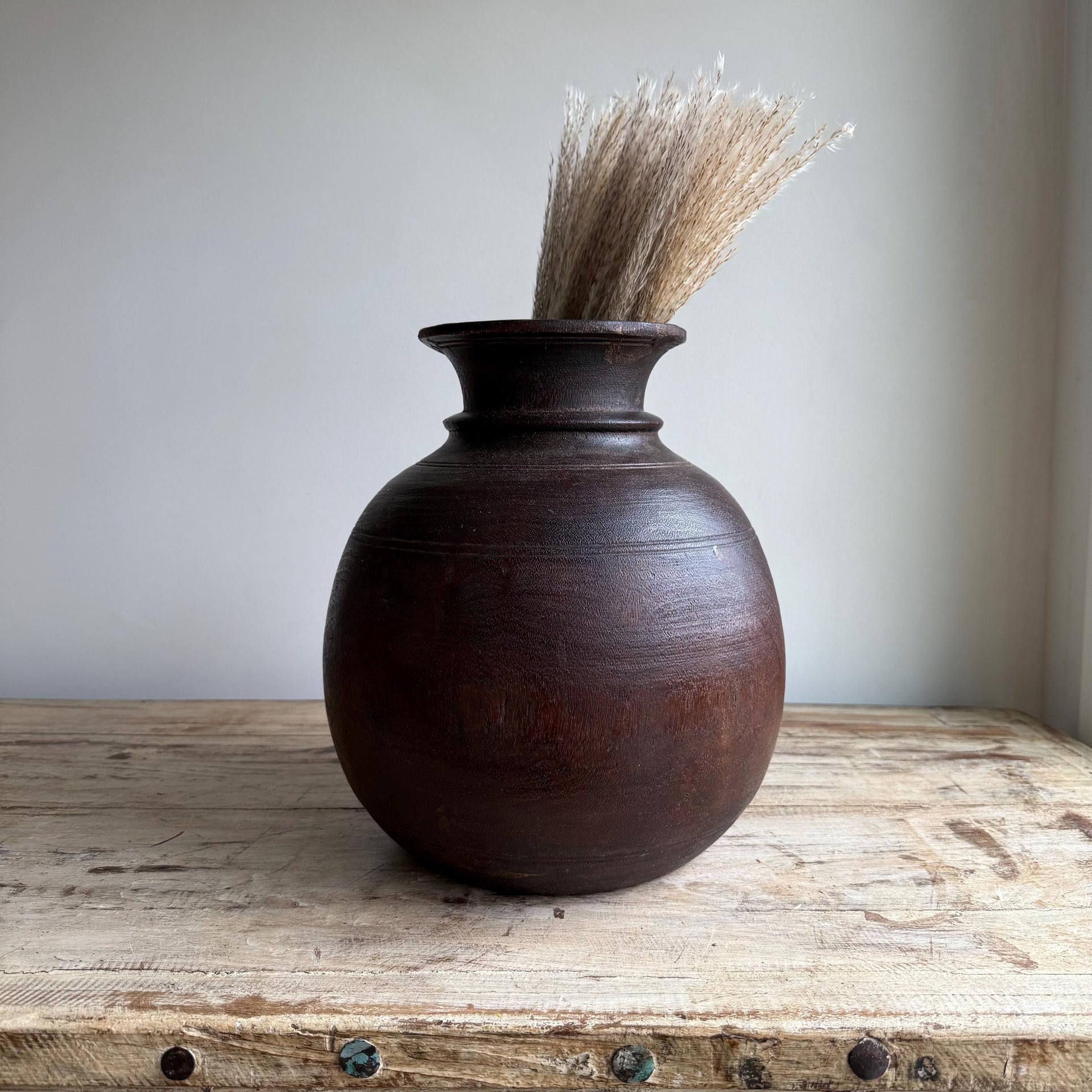 Vintage Wooden Vase Water Pot, Rustic Antique Vessel, Hand-Carved Wood Decor, Wabi Sabi Accent