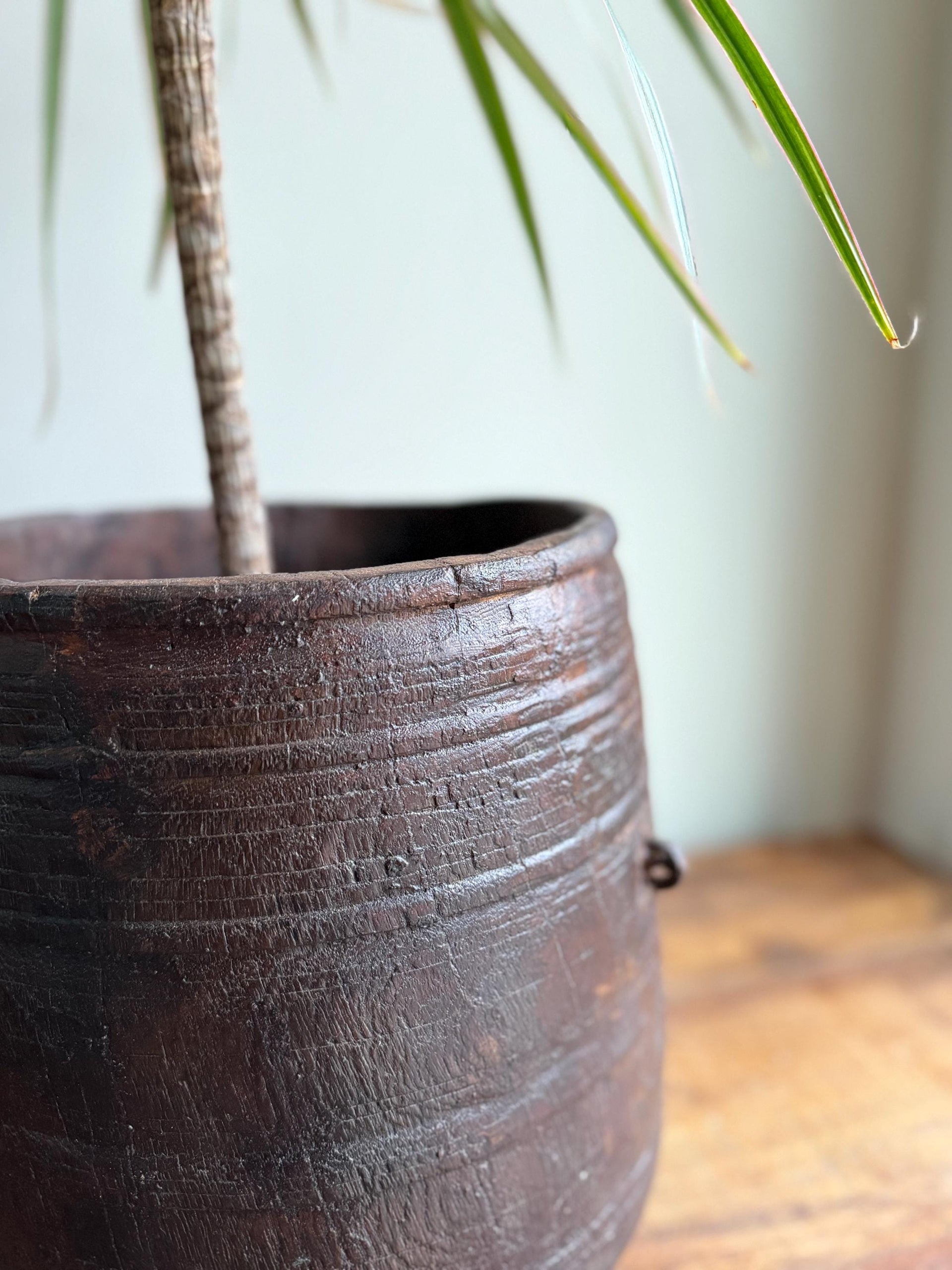 Vintage Wooden 10.5" Planter, Rustic Teak Pot, Antique Wooden Vase, Wabi Sabi Decor