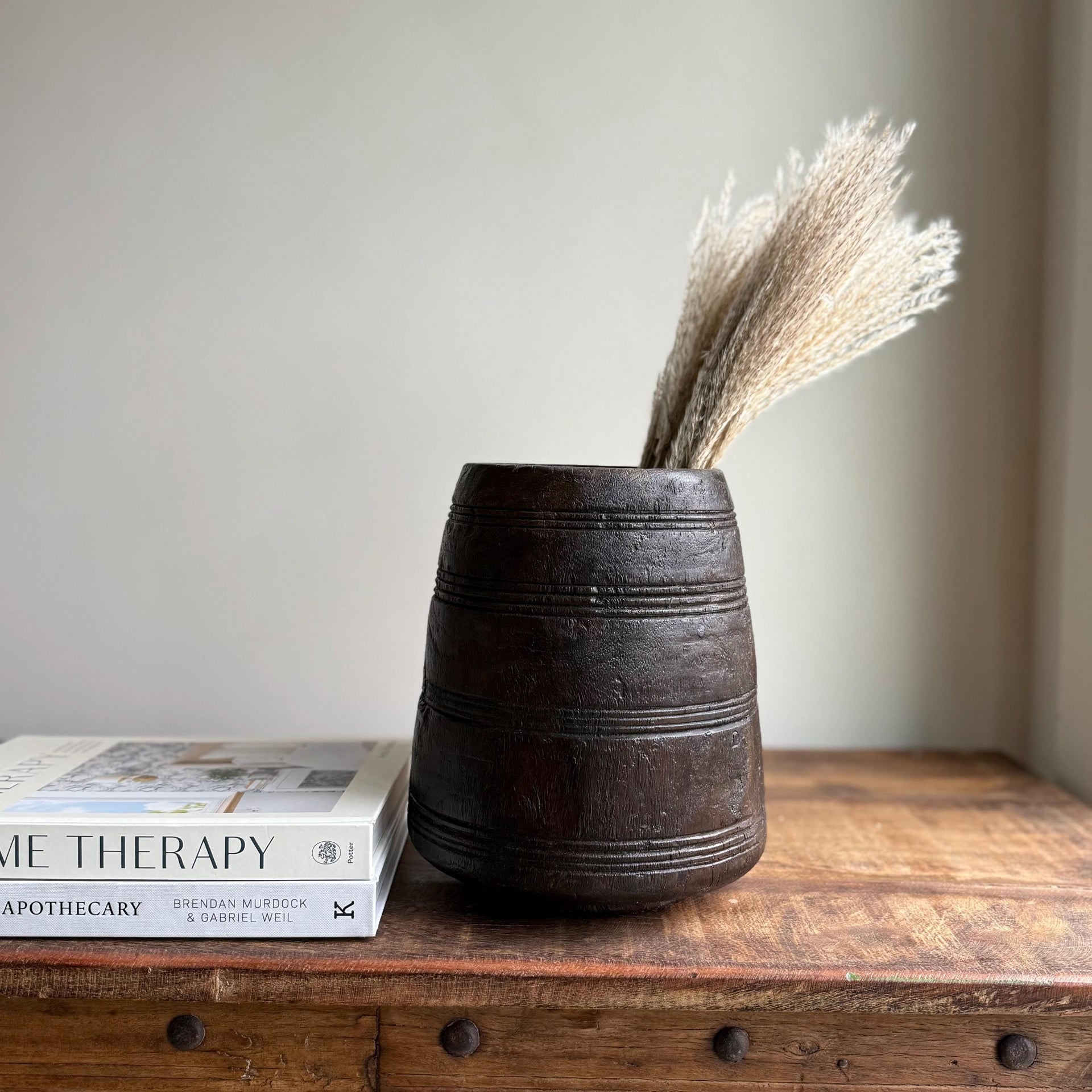 Vintage Wooden 9" Planter, Rustic Teak Pot, Antique Wooden Vase, Wabi Sabi Decor