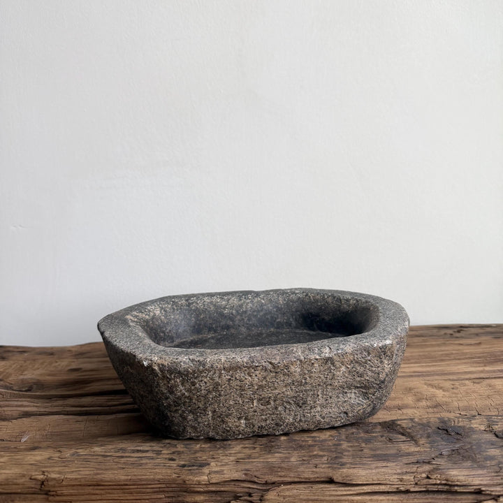 Vintage Marble Kharal 9" Stone Tray, Antique Limestone Carved Oval Tray, Primitive Stone Centerpiece - Project Kalaā