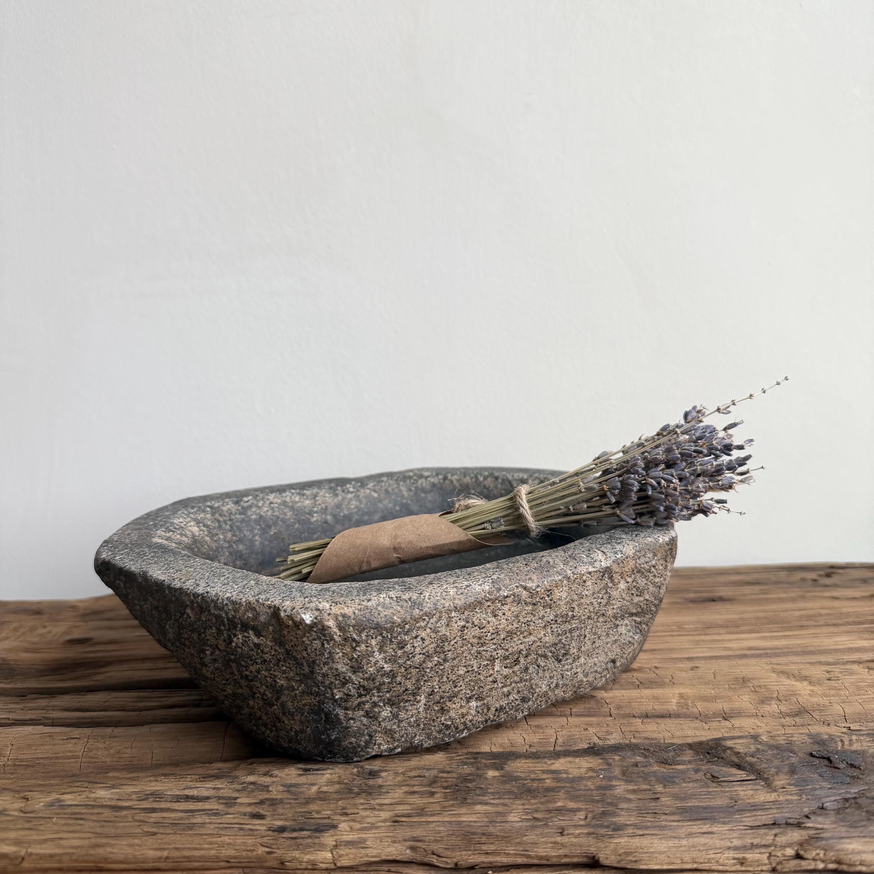 Vintage Marble Kharal 9" Stone Tray, Antique Limestone Carved Oval Tray, Primitive Stone Centerpiece - Project Kalaā