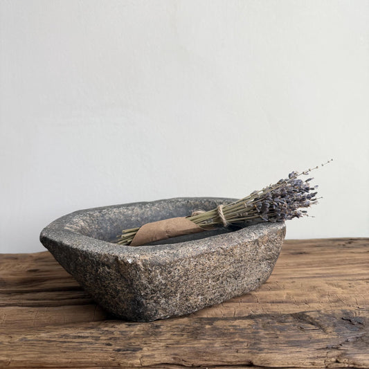 Vintage Marble Kharal 9" Stone Tray, Antique Limestone Carved Oval Tray, Primitive Stone Centerpiece - Project Kalaā