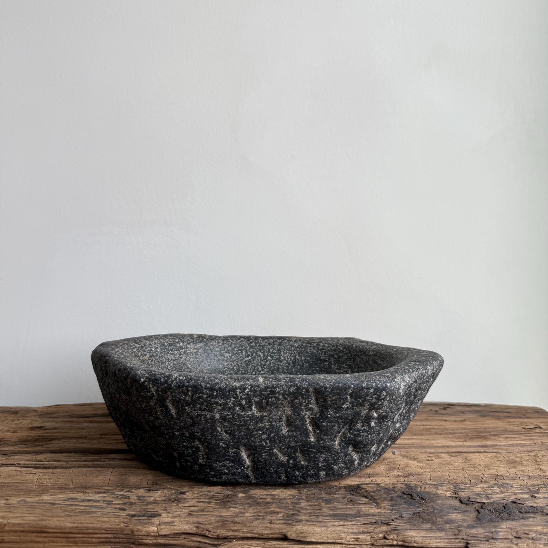 Vintage Marble Kharal 10.5"  Stone Tray, Antique Limestone Carved Oval Tray, Primitive Stone Centerpiece - Project Kalaā