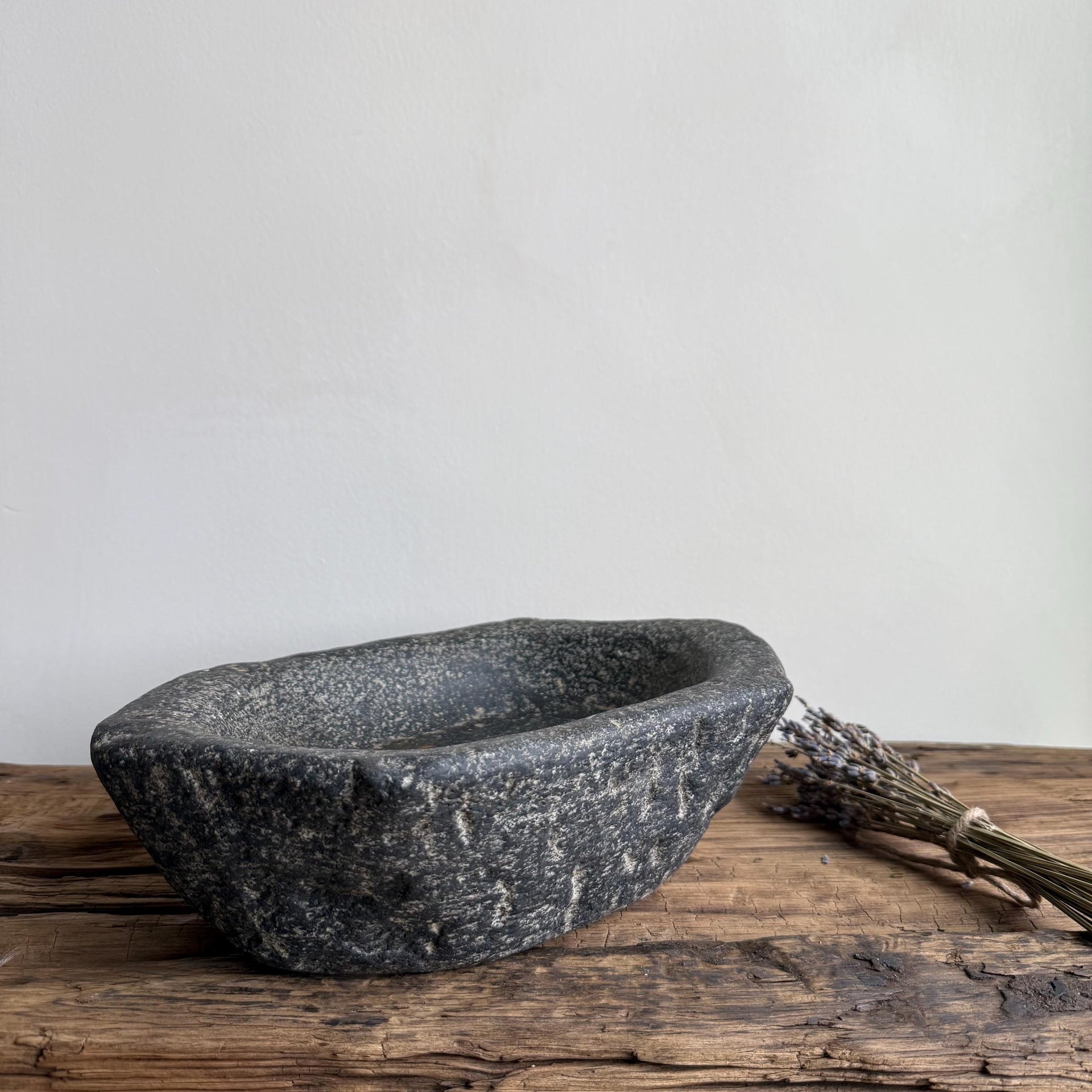 Vintage Marble Kharal 10.5"  Stone Tray, Antique Limestone Carved Oval Tray, Primitive Stone Centerpiece