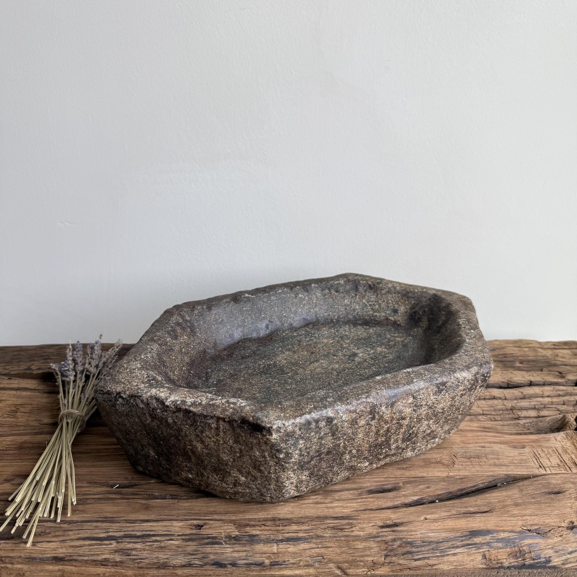 Vintage Marble Kharal 12.5" Stone Tray, Antique Limestone Carved Oval Tray, Primitive Stone Centerpiece