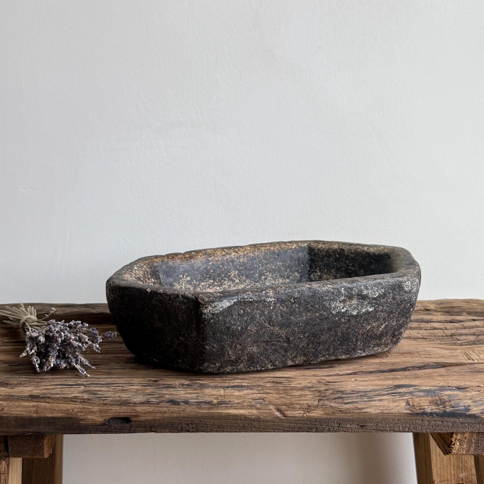 Vintage Marble Kharal 11" Stone Tray, Antique Limestone Carved Oval Tray, Primitive Stone Centerpiece