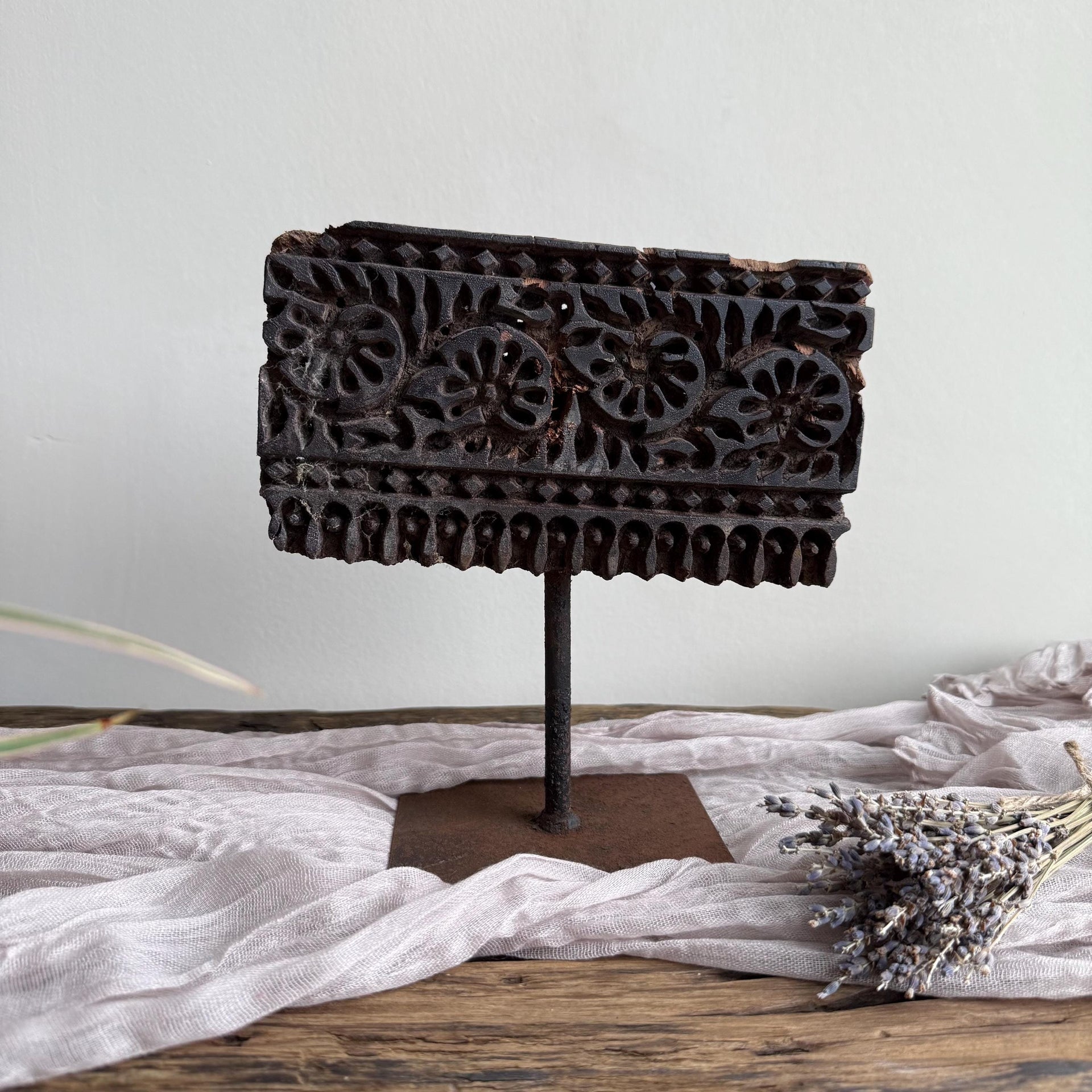 Vintage Teak Wood Textile Block 7.5" Stamp on Stand