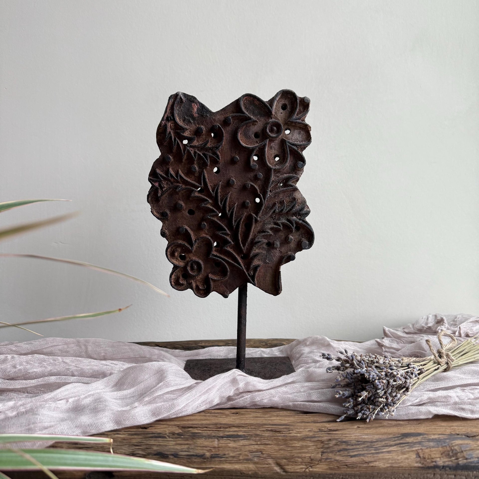 Vintage Teak Wood Textile Block 10" Stamp on Stand