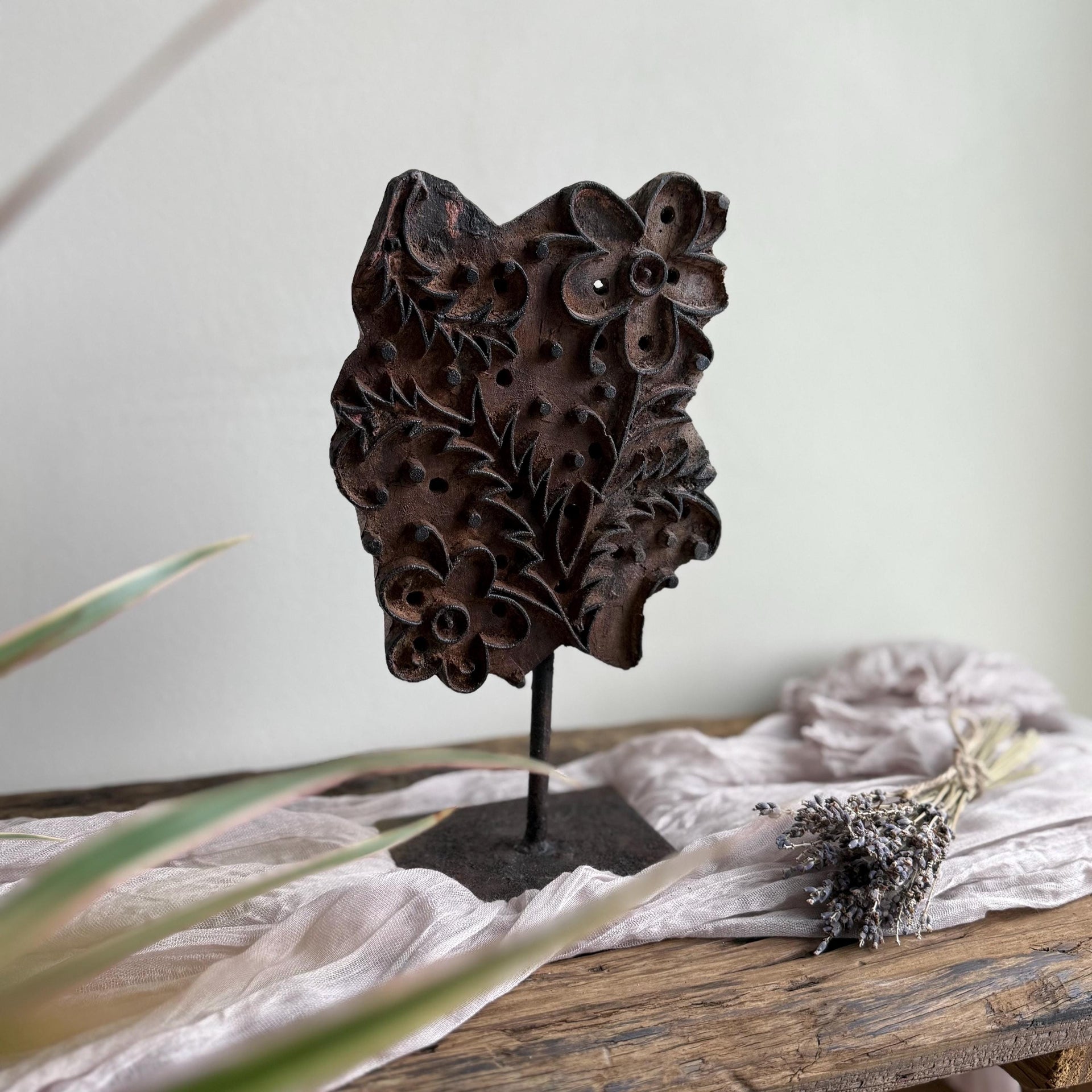 Vintage Teak Wood Textile Block 10" Stamp on Stand