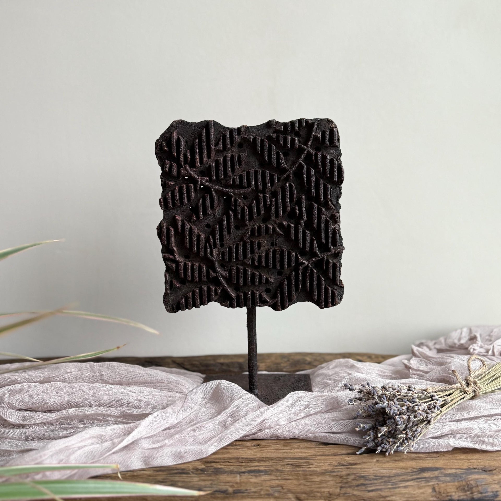Vintage Teak Wood Textile Block 9.7" Stamp on Stand