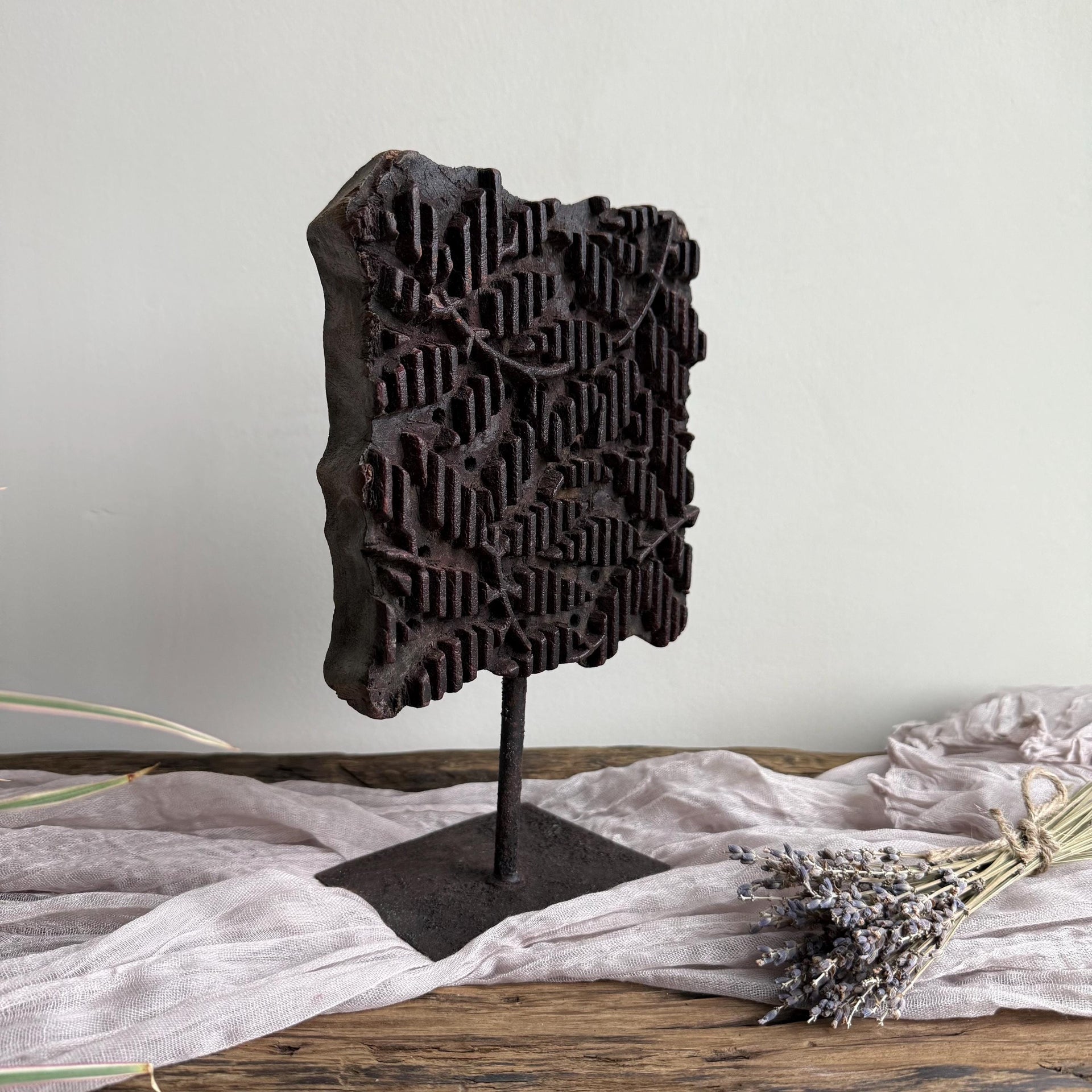 Vintage Teak Wood Textile Block 9.7" Stamp on Stand