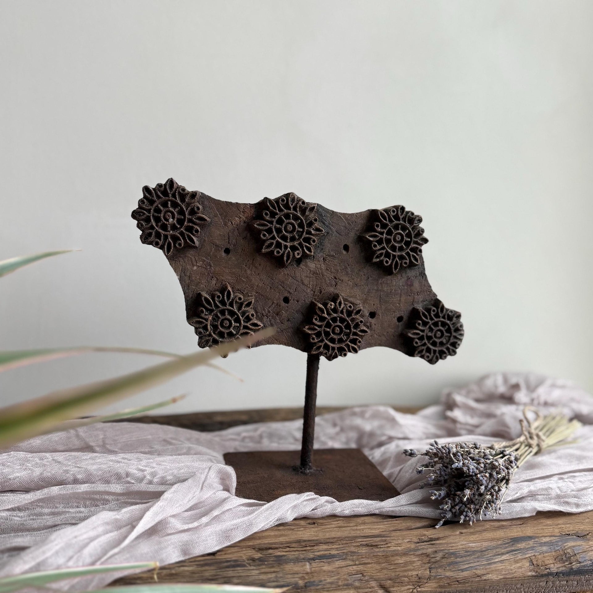 Vintage Teak Wood Textile Block 7.8" Stamp on Stand