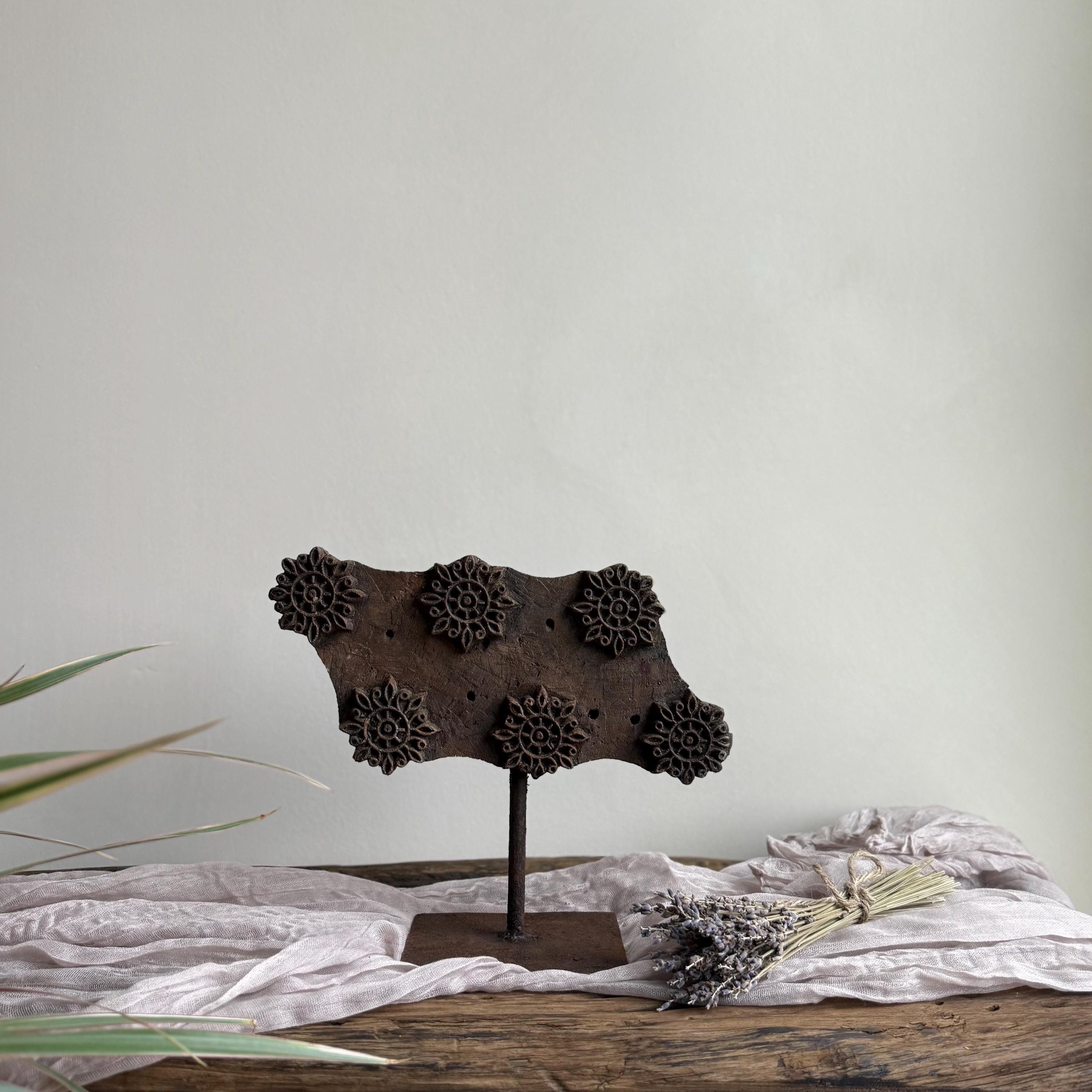 Vintage Teak Wood Textile Block 7.8" Stamp on Stand - Project Kalaā