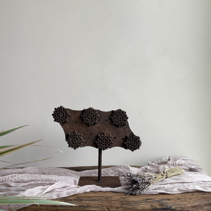 Vintage Teak Wood Textile Block 7.8" Stamp on Stand - Project Kalaā