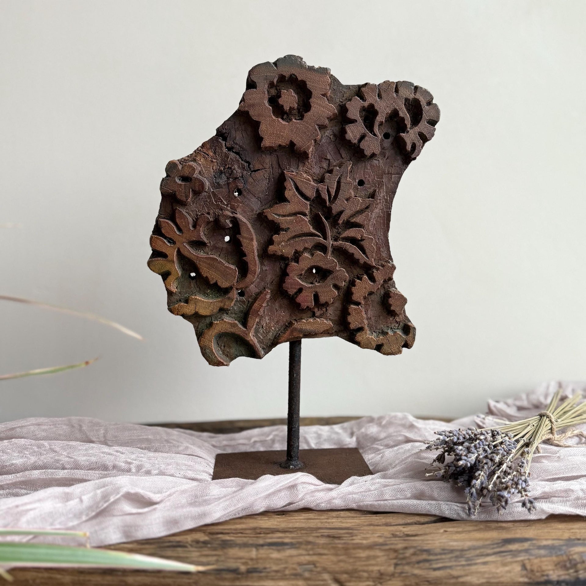 Vintage Teak Wood Textile Block 10.5" Stamp on Stand