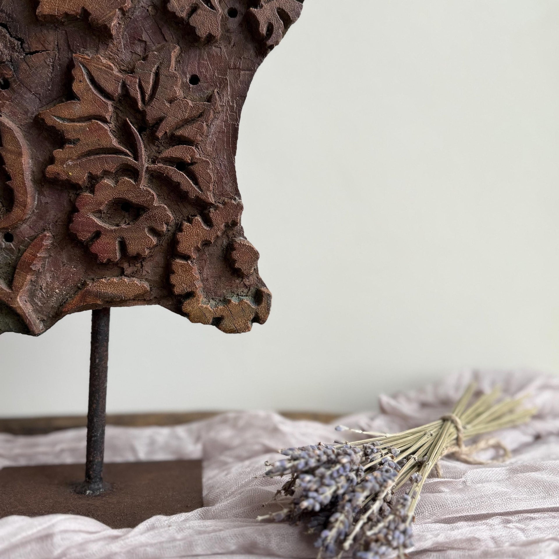 Vintage Teak Wood Textile Block 10.5" Stamp on Stand