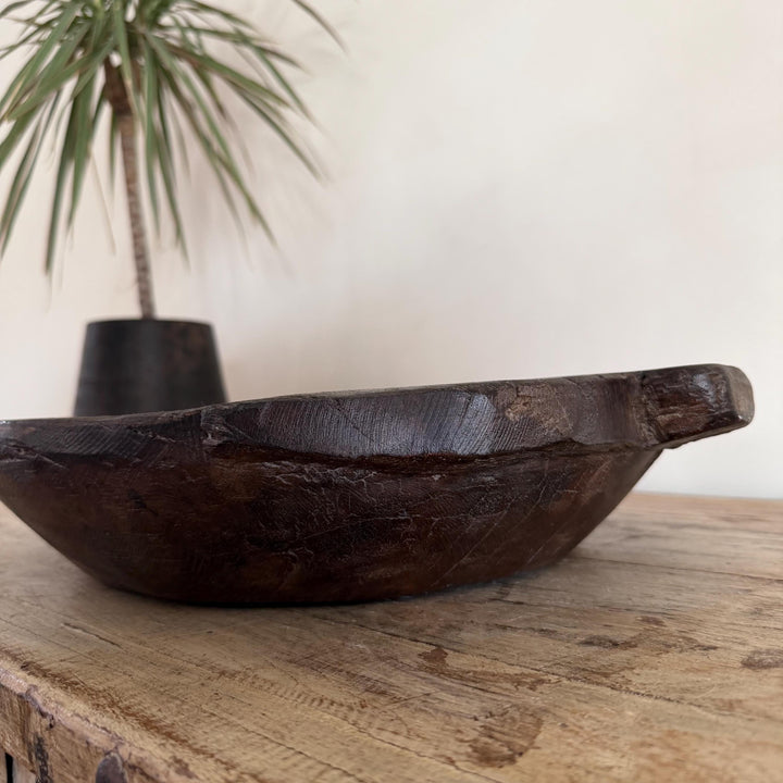 Vintage Teak Wood Dough Bowl | Dark Rustic Parat Tray 19" - Project Kalaā