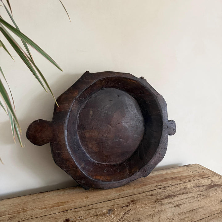 Vintage Teak Wood Dough Bowl | Dark Rustic Parat Tray 19" - Project Kalaā